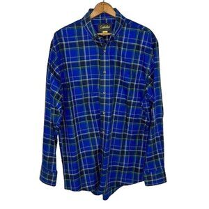 Cabela’s Button Up Blue Plaid Shirt White Yellow Cotton Size Large Tall